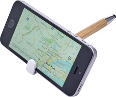 Kulspetspenna i bambu med touchpadfunktion och hållare till mobiltelefon.