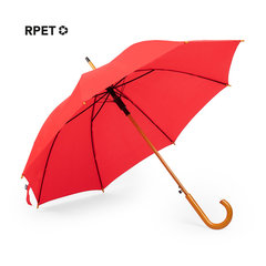♻️ Paraply med skærm af genanvendt plast. Har træhåndtag og automatisk åbning
